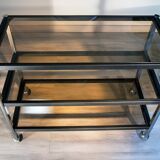 ERARD console (France), black metal and smoked glass side table, 1980.