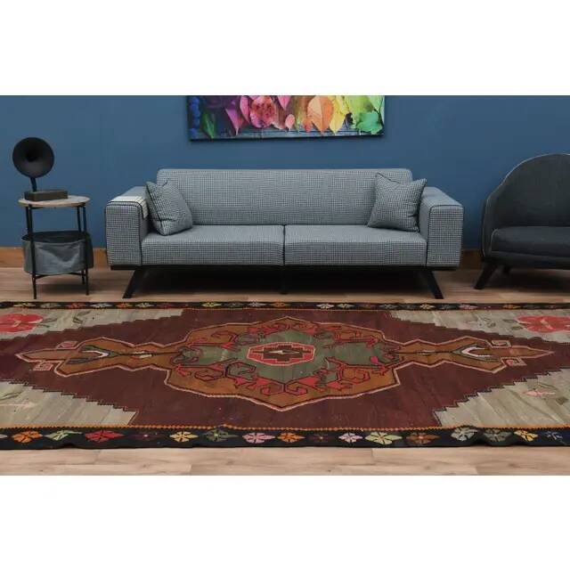 1970s Vintage Turkish Oushak Handmade Wool Cotton Brown Runner Rug  206x387