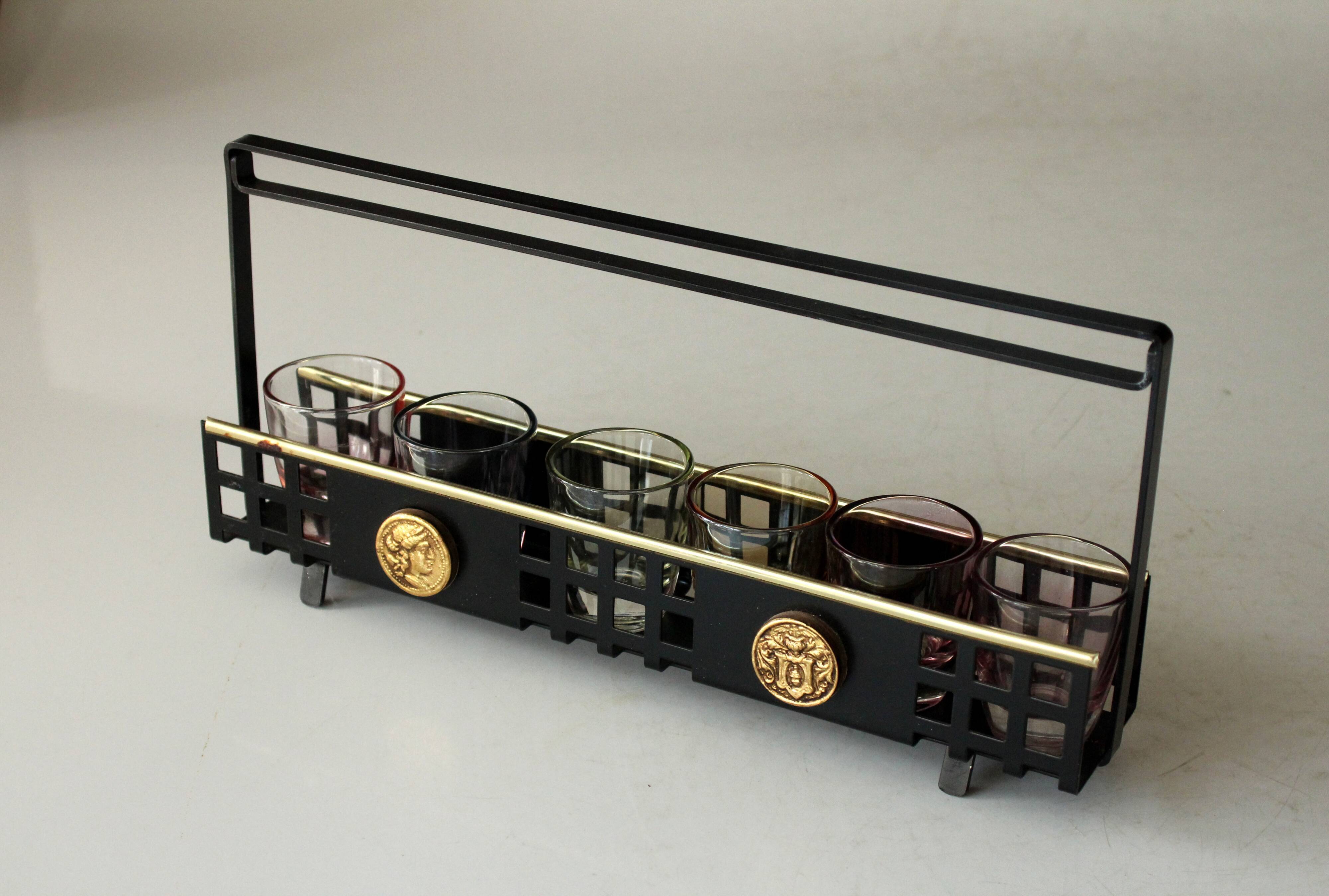 6 spirit glasses on a metal tray 1950