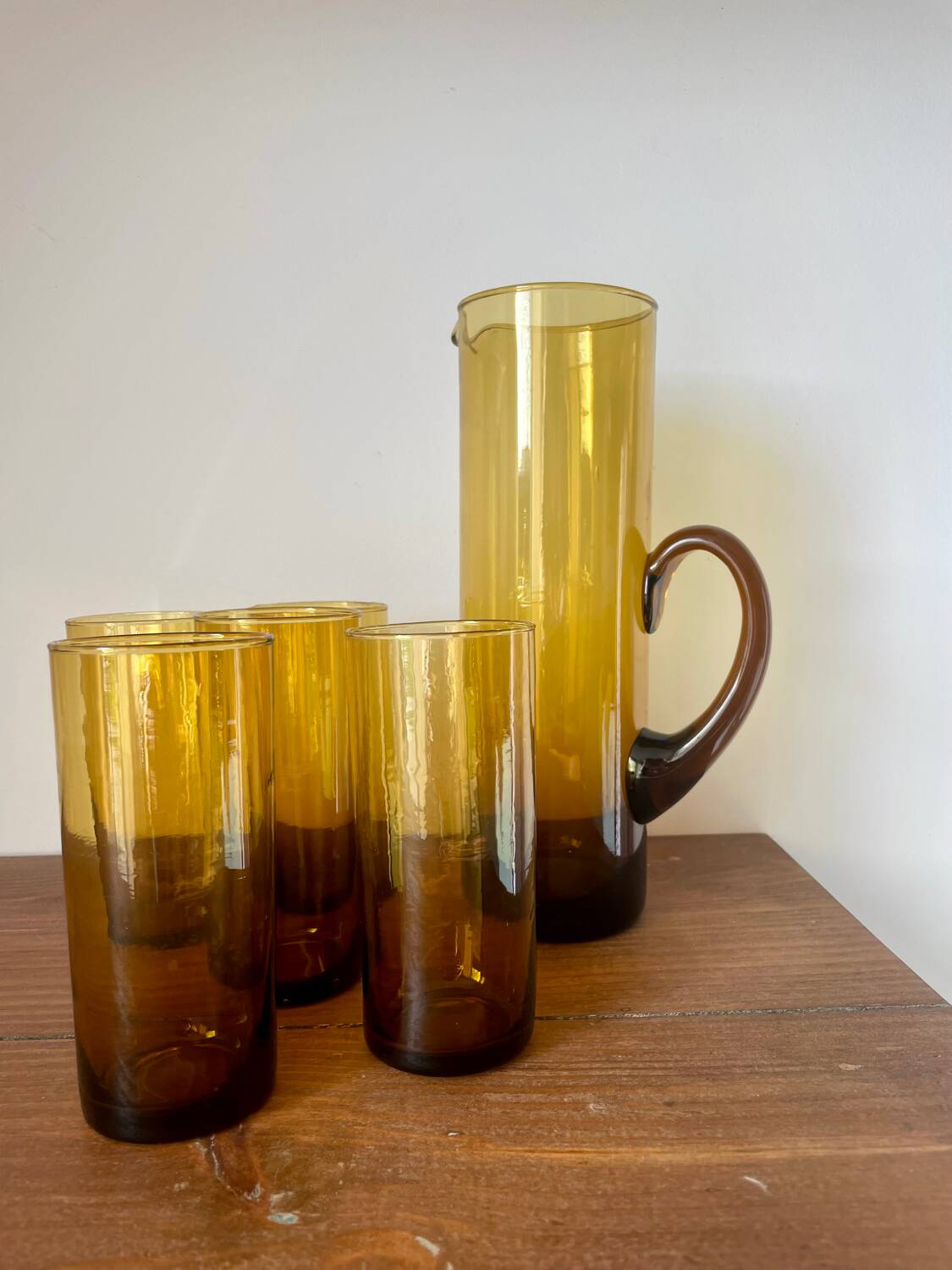 Amber blown glass orangeade service from the 1970s.