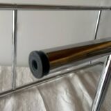 Pedestal table, vintage chrome steel saddle with 2 round windows