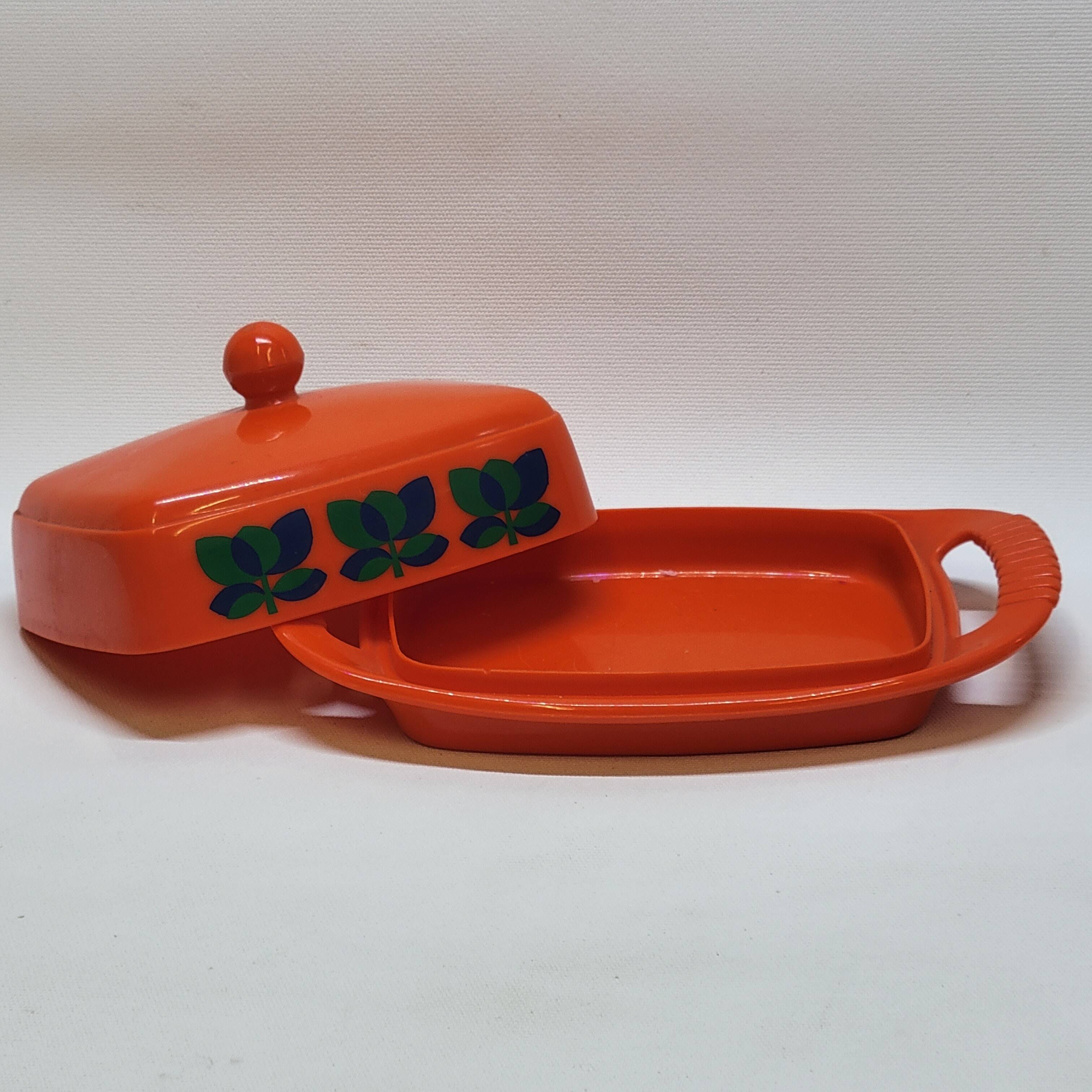 Emsa butter dish in orange plastic and vintage flowers 1970s