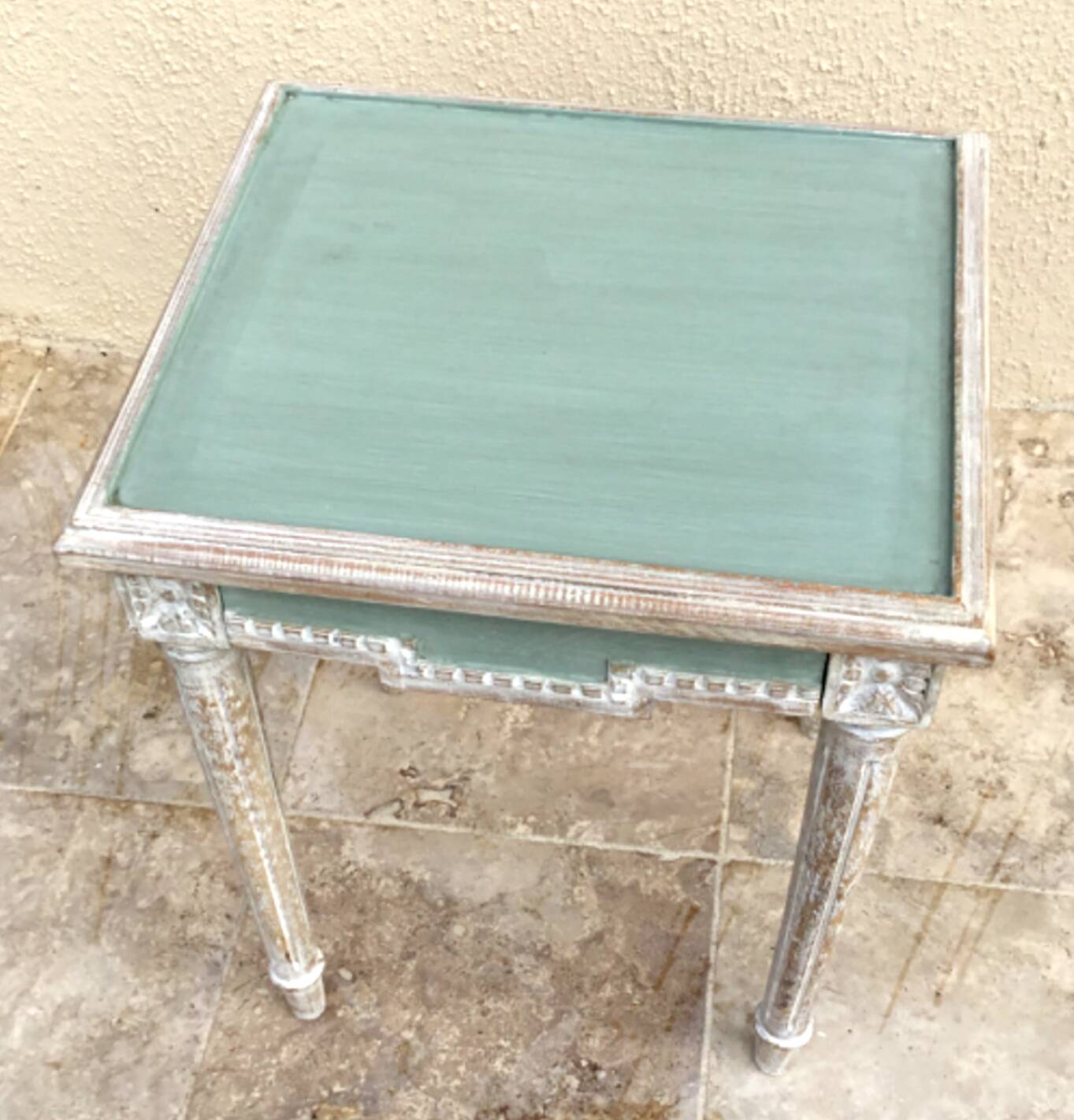 Louis XV style carved and patinated wooden side table. One drawer in the belt.