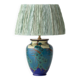 Art Deco Japonisme ceramic table lamp, 1928, new silk sari ribbon lampshade.