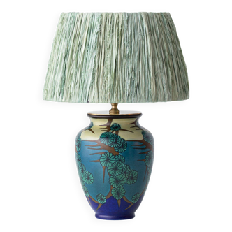 Art Deco Japonisme ceramic table lamp, 1928, new silk sari ribbon lampshade.