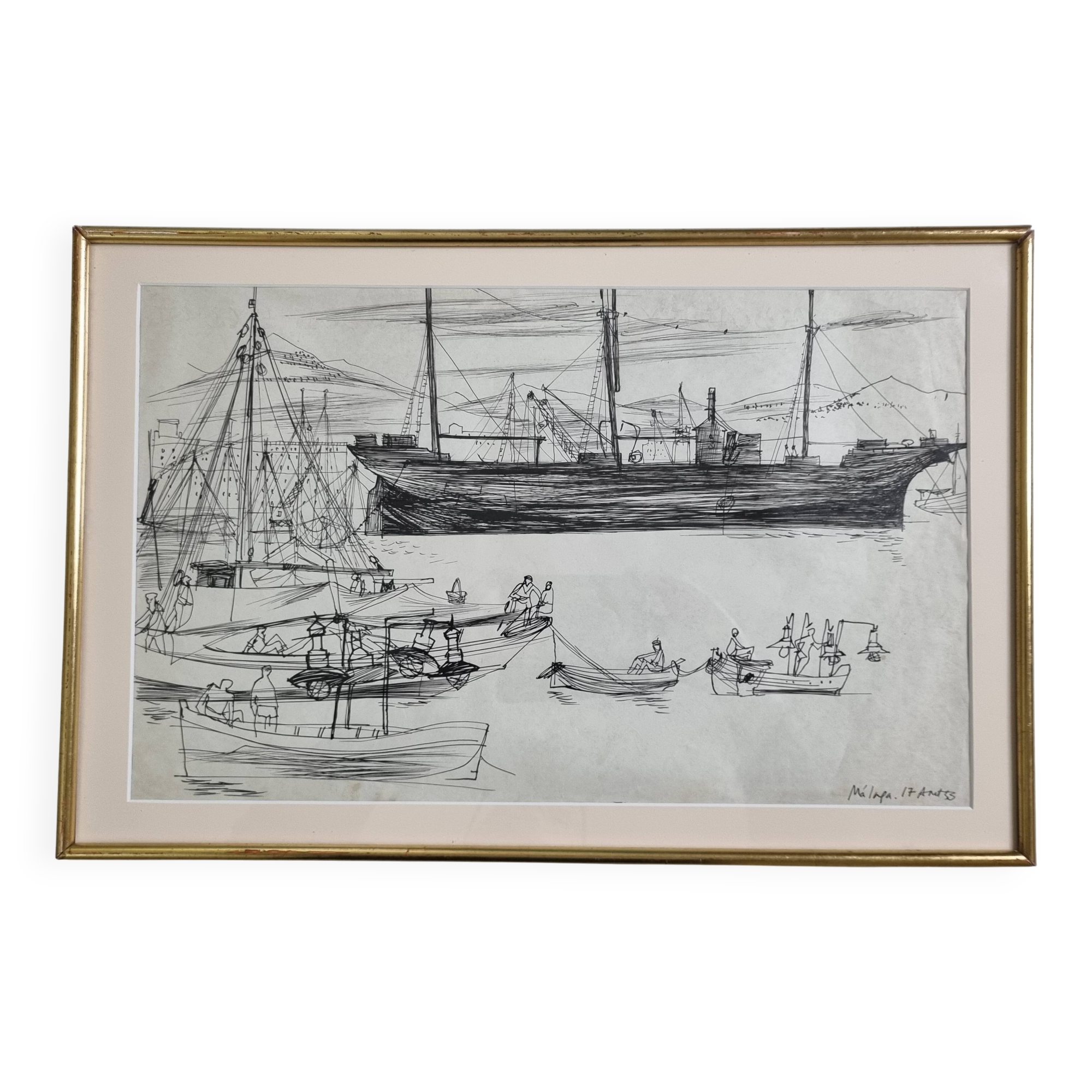Original ink drawing, travel sketchbook, 1955, port scene 52x34 cm