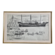 Original ink drawing, travel sketchbook, 1955, port scene 52x34 cm