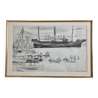Original ink drawing, travel sketchbook, 1955, port scene 52x34 cm