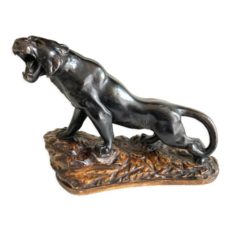 Black panther in glazed plaster, with brown patina