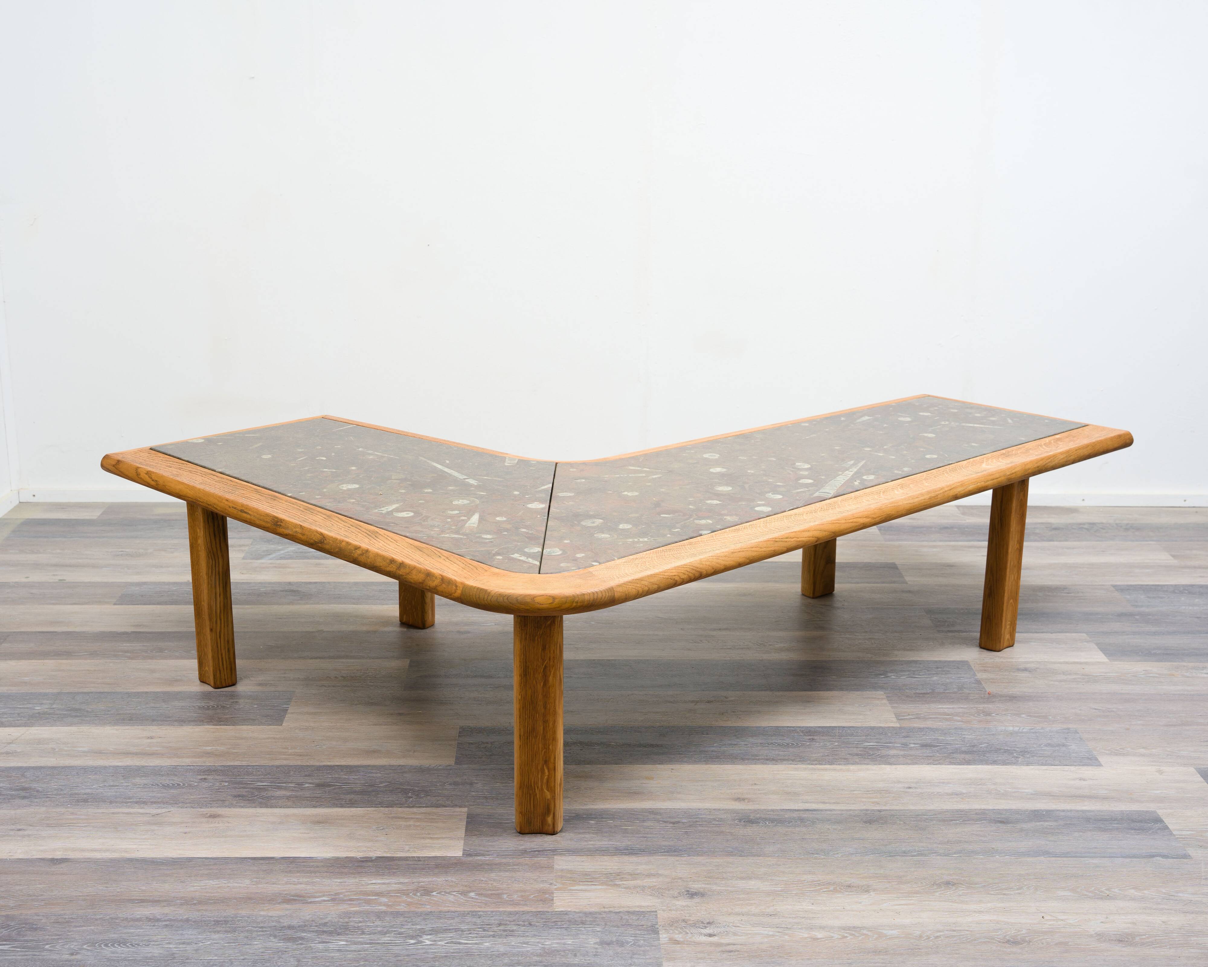 Boomerang coffee table, fossil marble, 70s