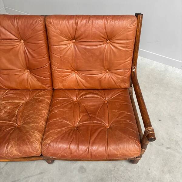 Canapé vintage en bambou et cuir, années 1970
