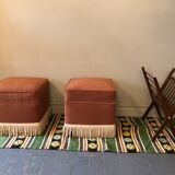 Duo of old pink poufs with fringes