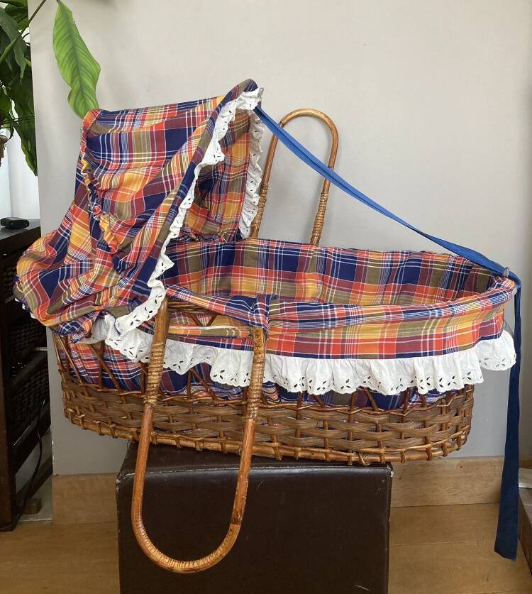 1970s wicker rattan portable bassinet cradle complete with bedding
