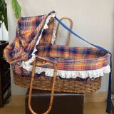 1970s wicker rattan portable bassinet cradle complete with bedding