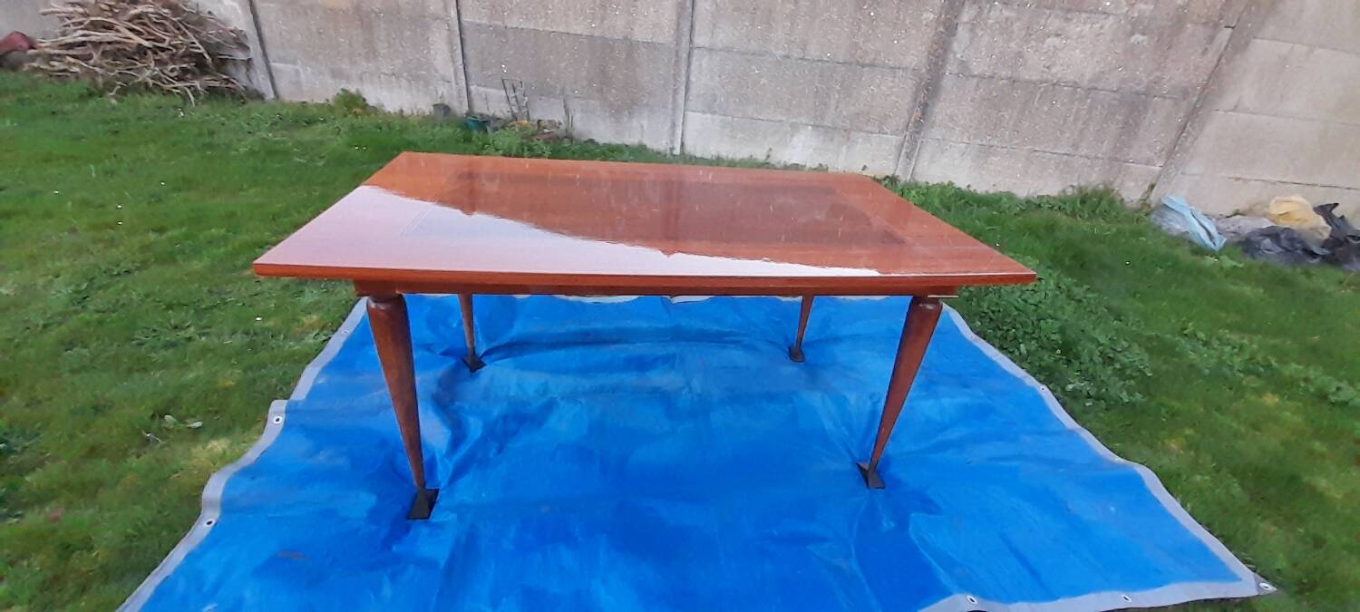 Dining table with 2 extensions, marquetry veneer.