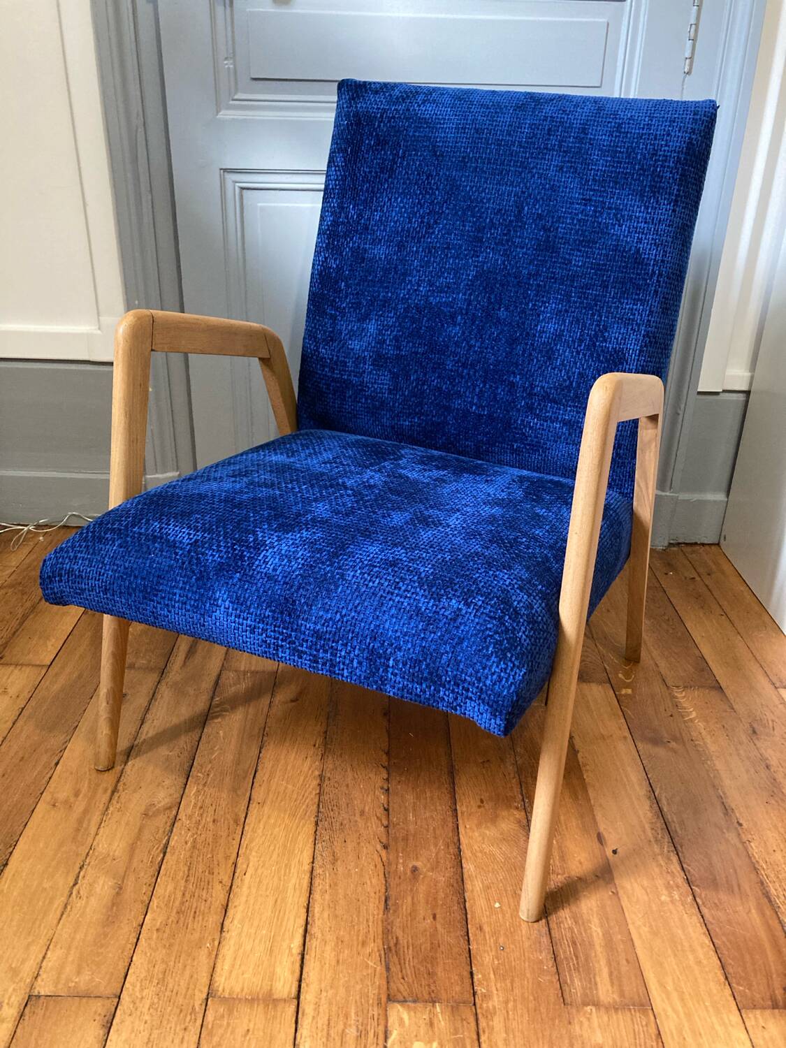 Scandinavian blue velvet armchair