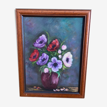 Still life bouquet of oil anemon flowers on canvas