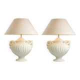 Pair of table lamps with antique look and brushed brass finish.