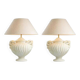 Pair of table lamps with antique look and brushed brass finish.