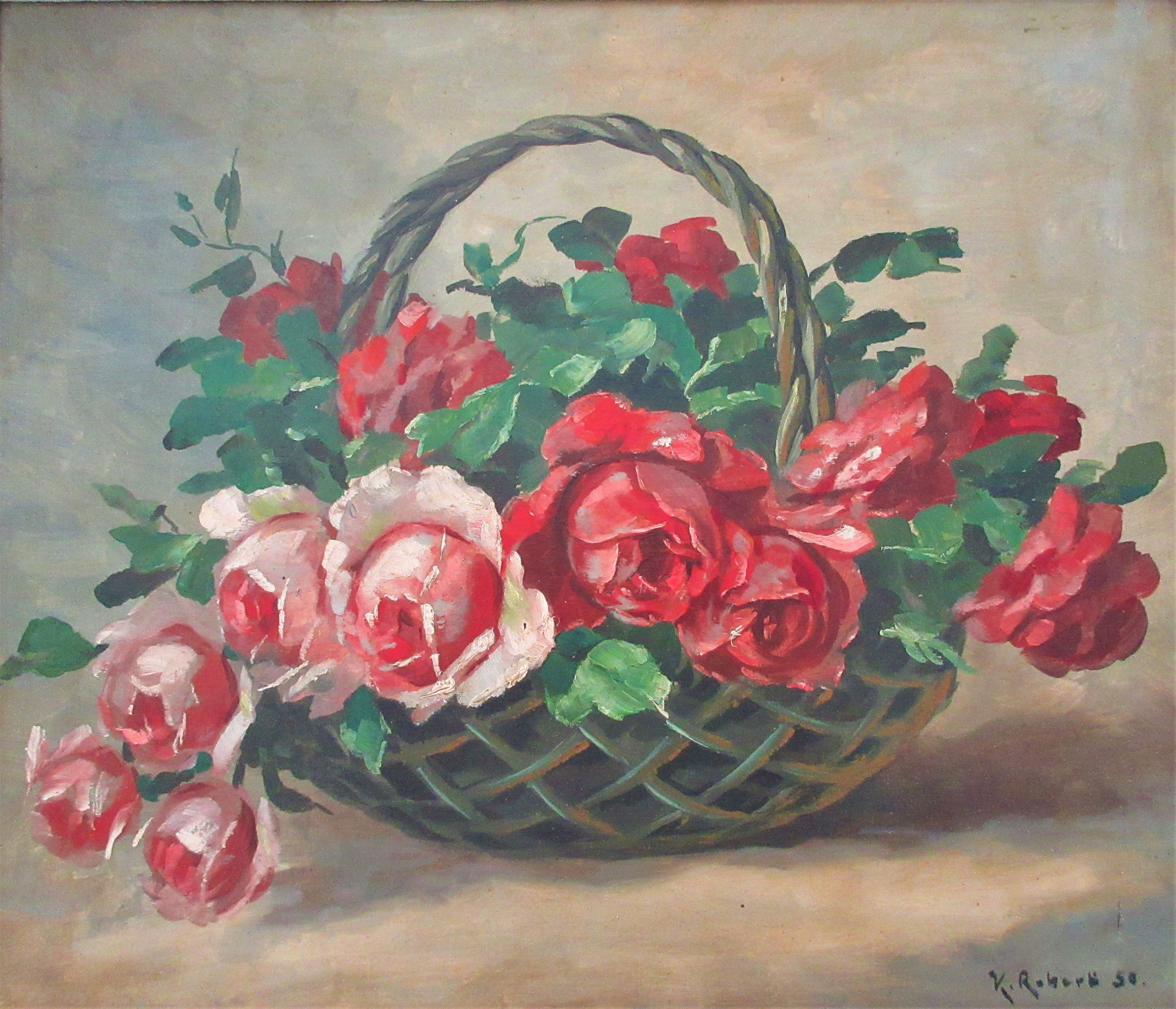 Tableau Panier de roses 1950 signé