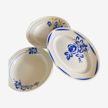 Set of 3 dishes badonviller ecru and blue