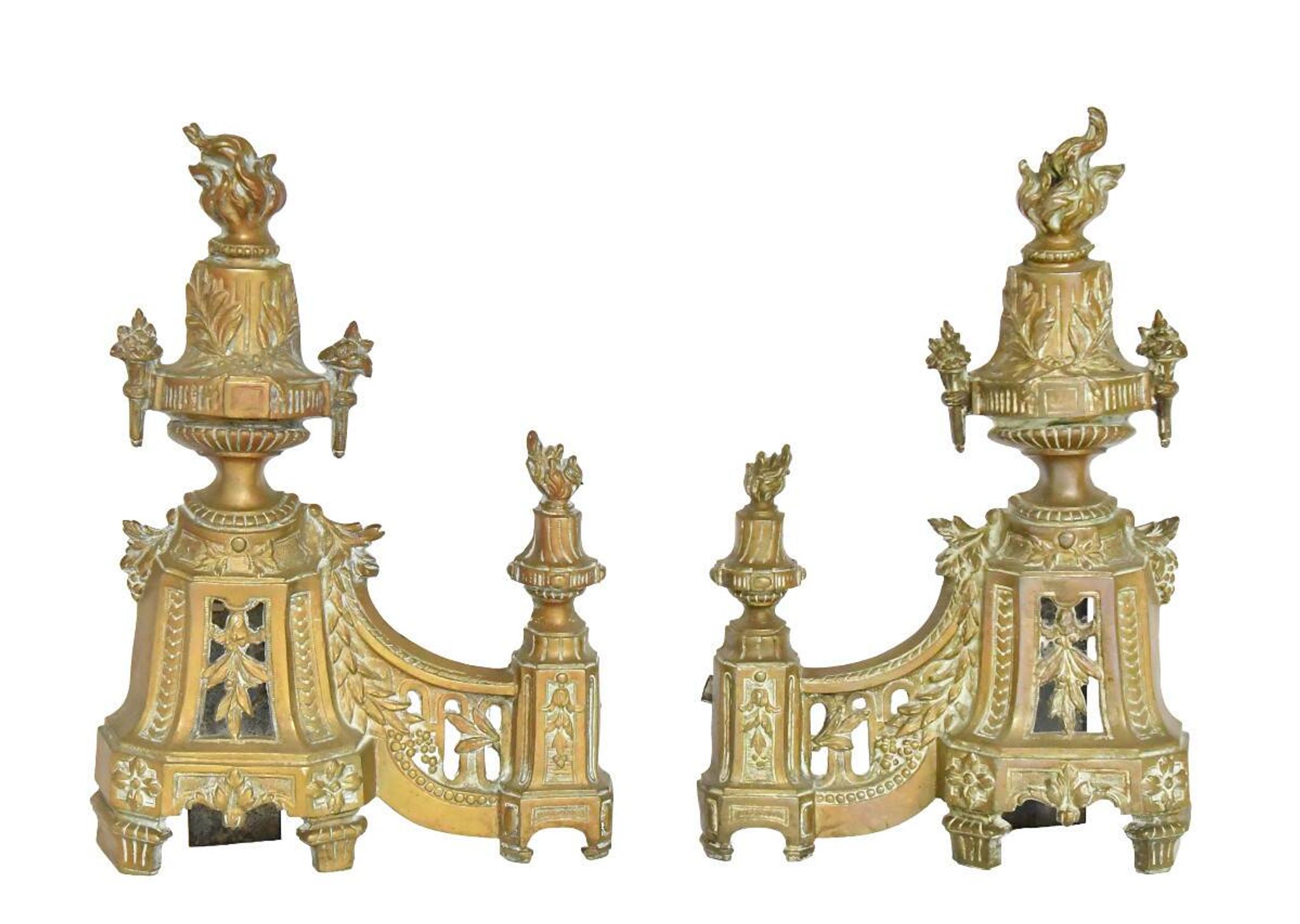 Pair of gilded brass fire dogs decorated with fire pots in the Louis XVI style.