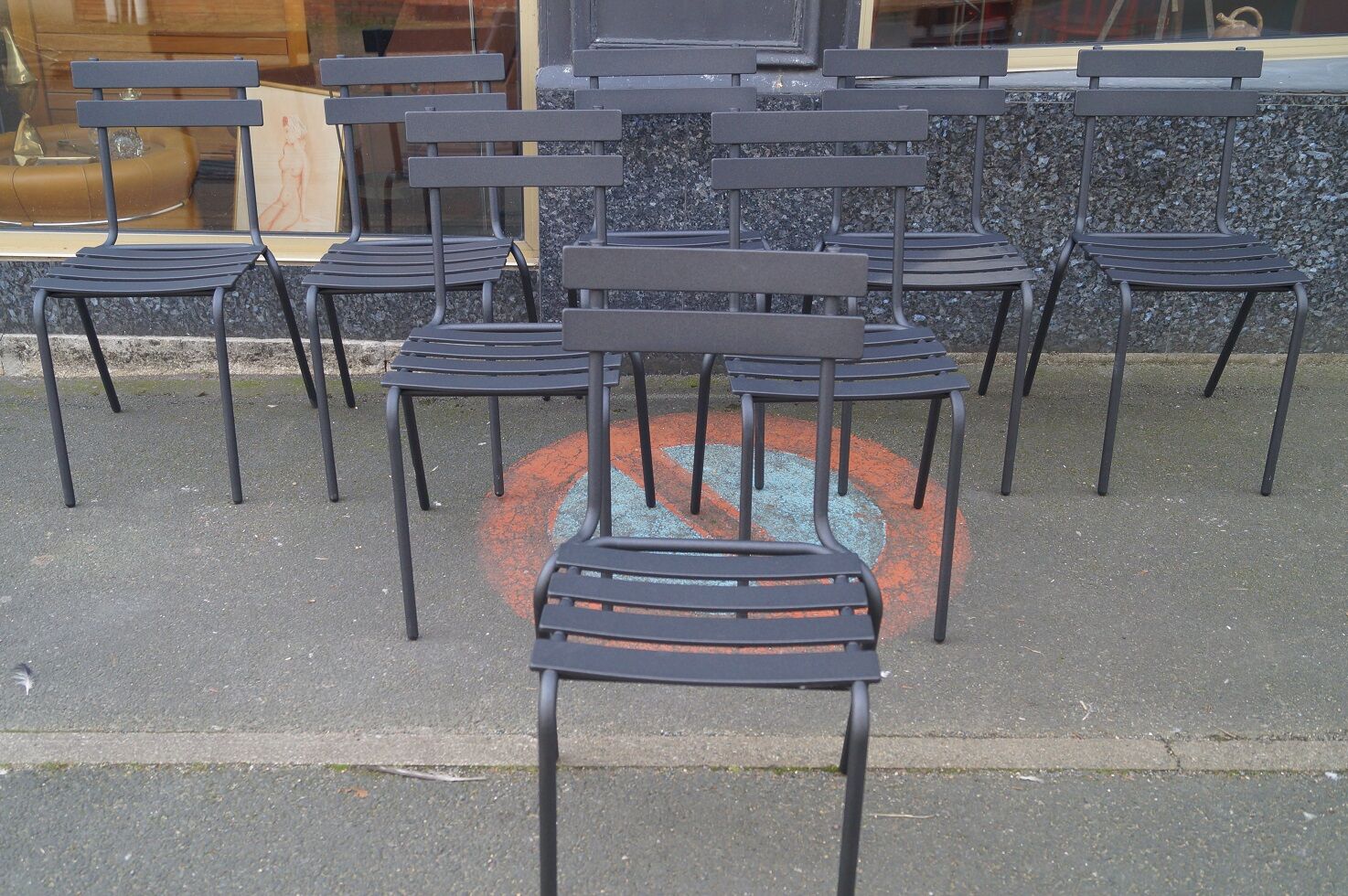 Suite of 8 steel bistro chairs
