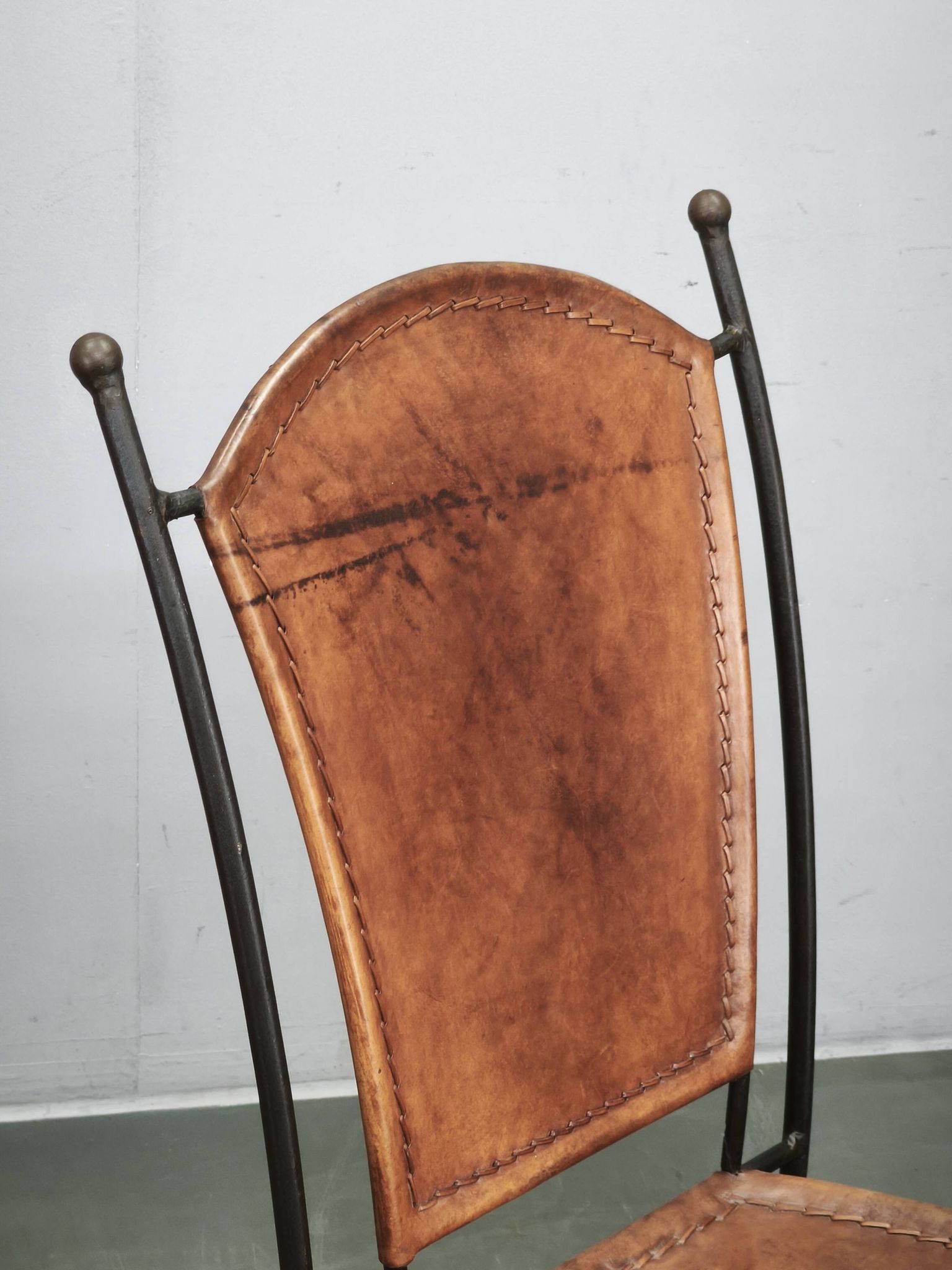 1990s European Brutalist Wrought Iron and Hand-Stitched Cognac Leather Dining Chair