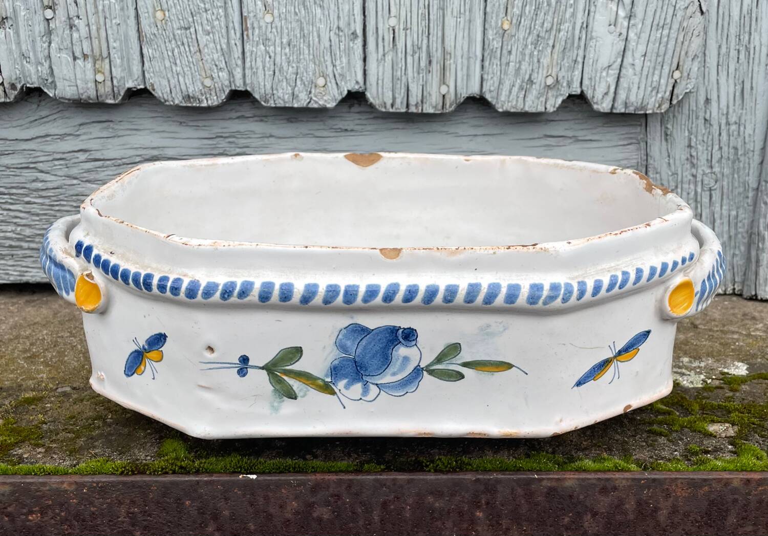 Rouen earthenware planter/cooler with flowers and foliage, 18th century
