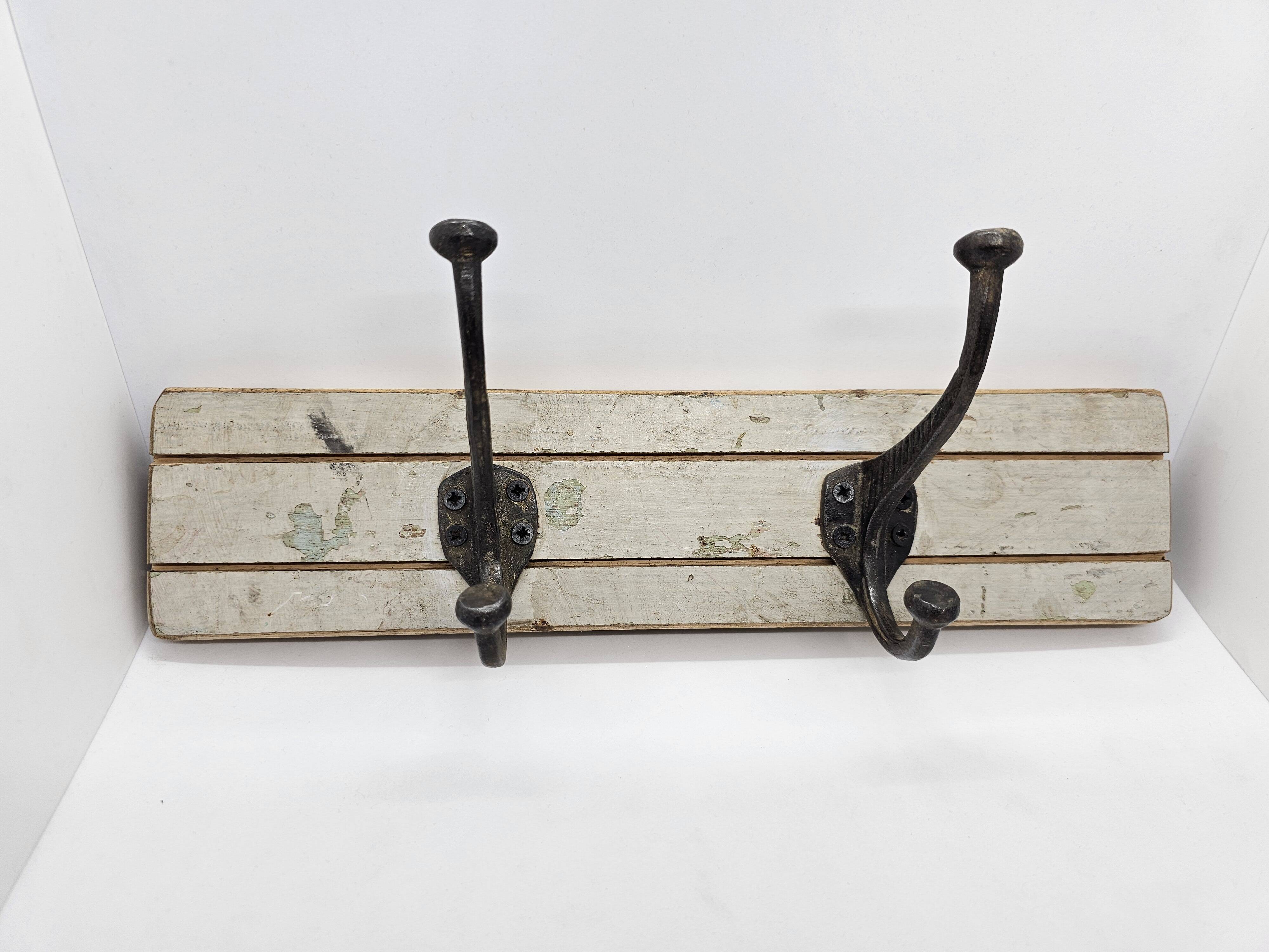 Solid teak coat hook with 2 double cast iron hooks