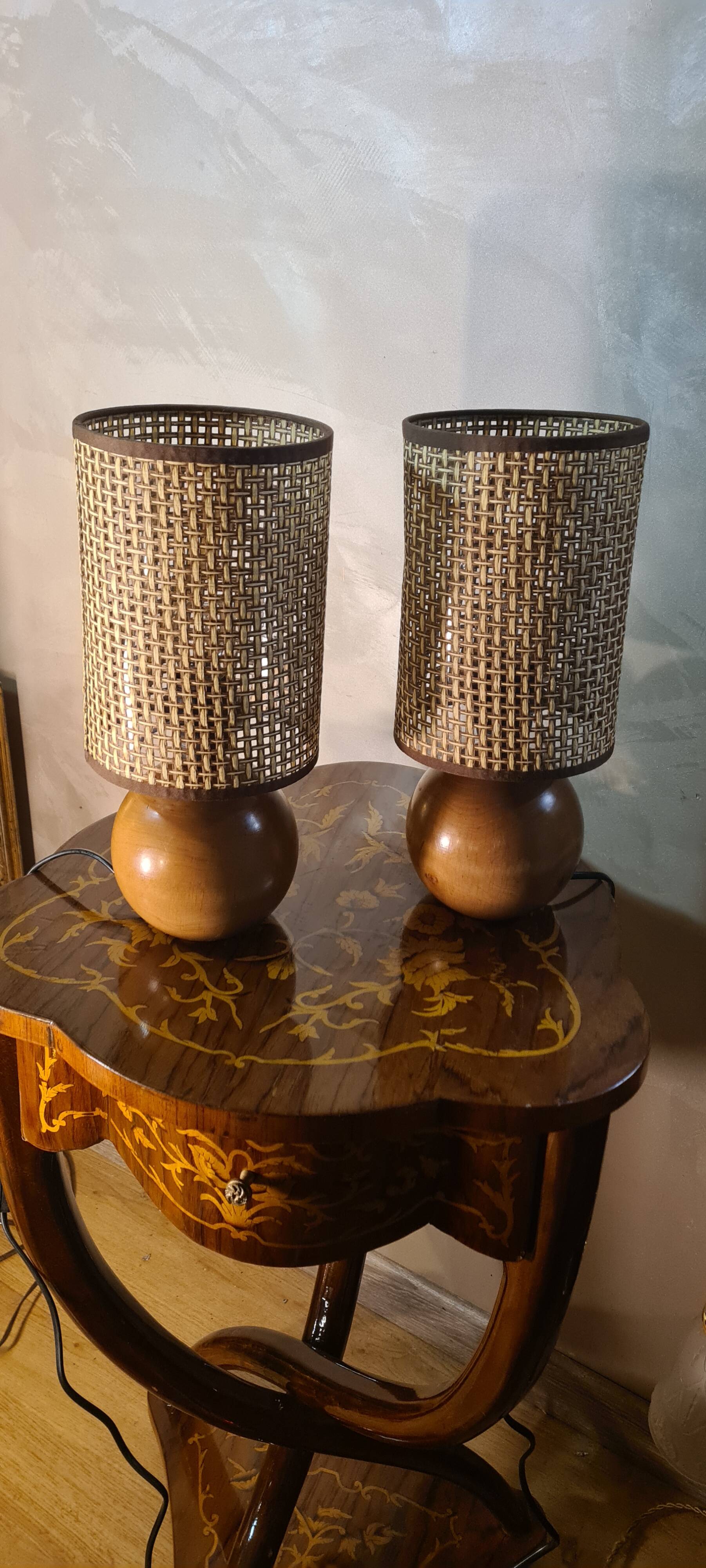 pair of Scandinavian wooden ball bedside lamps elec ok 32x14