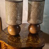 pair of Scandinavian wooden ball bedside lamps elec ok 32x14