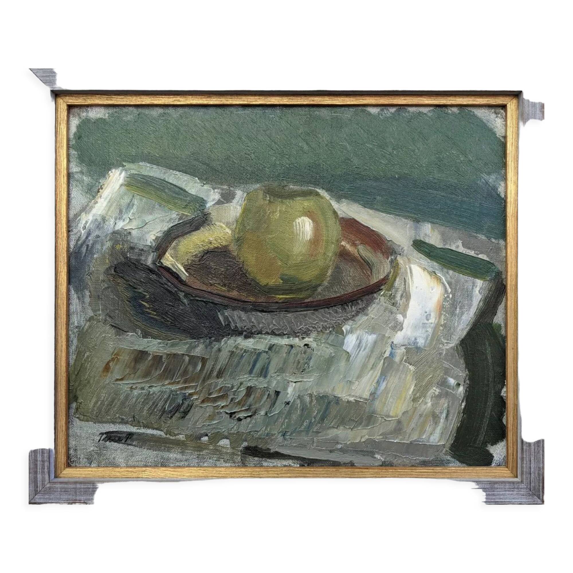 Mid-Century Modern "The Green Apple" Swedish Expressionist Still Life Oil Painting, Framed
