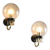 Pair of brass and blown glass wall lights, Glashütte Limburg