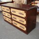 Six-drawer mahogany and straw chest of drawers, circa 1950, made in Mexico