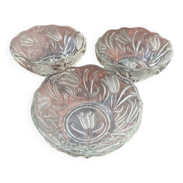 lot 3 Petites coupelles en Verre Pressé Décor Tulipes Givrées