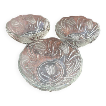lot of 3 small pressed glass bowls with frosted tulip decoration