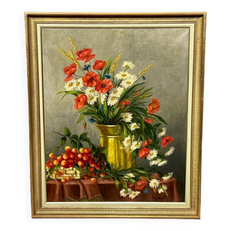 Sophie Pir (1858-1936).  "Nature morte aux fleurs et aux fruits."