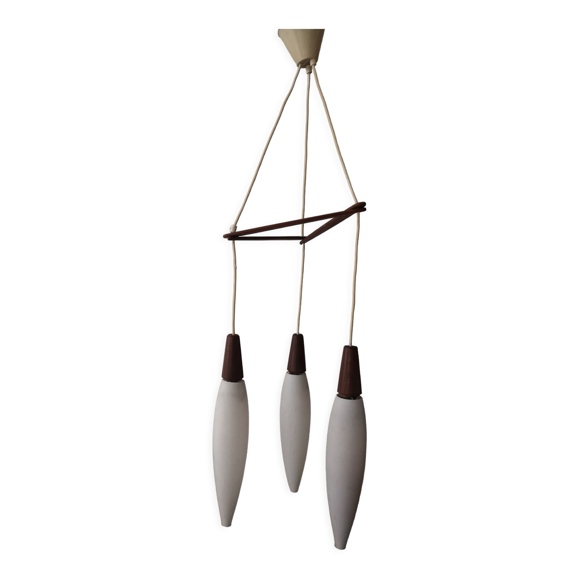 Suspension 3 lights opaline & teak, Louis Kalff 1960
