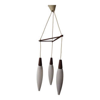 Suspension 3 lights opaline & teak, Louis Kalff 1960