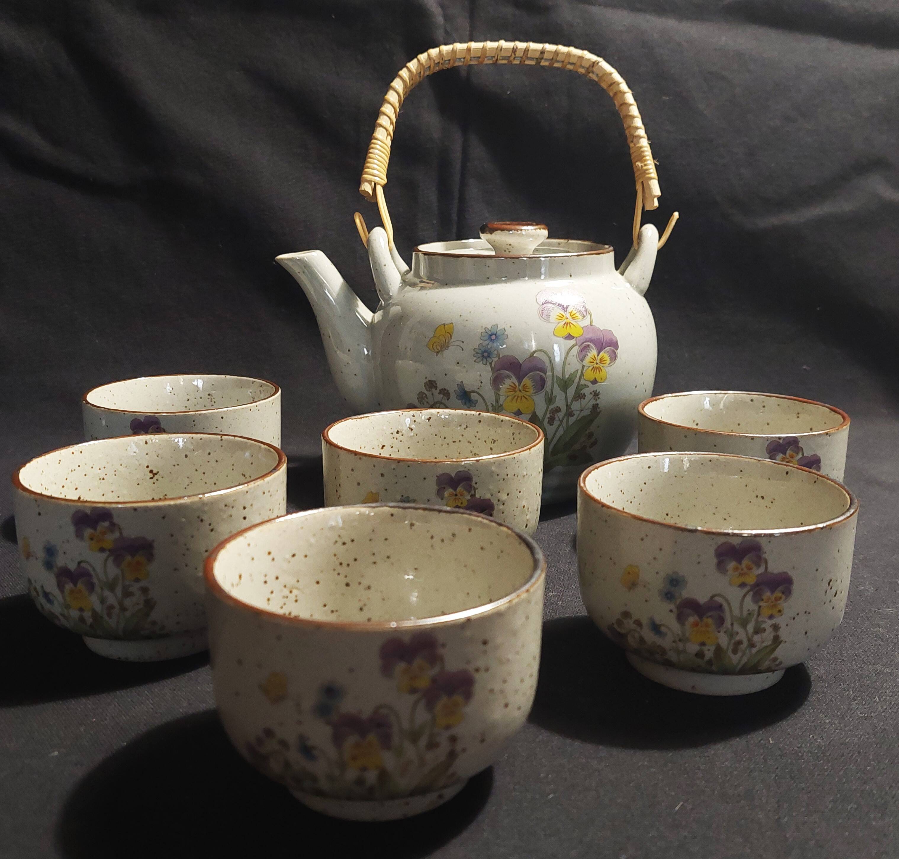 Vintage stoneware six cup tea set and teapot