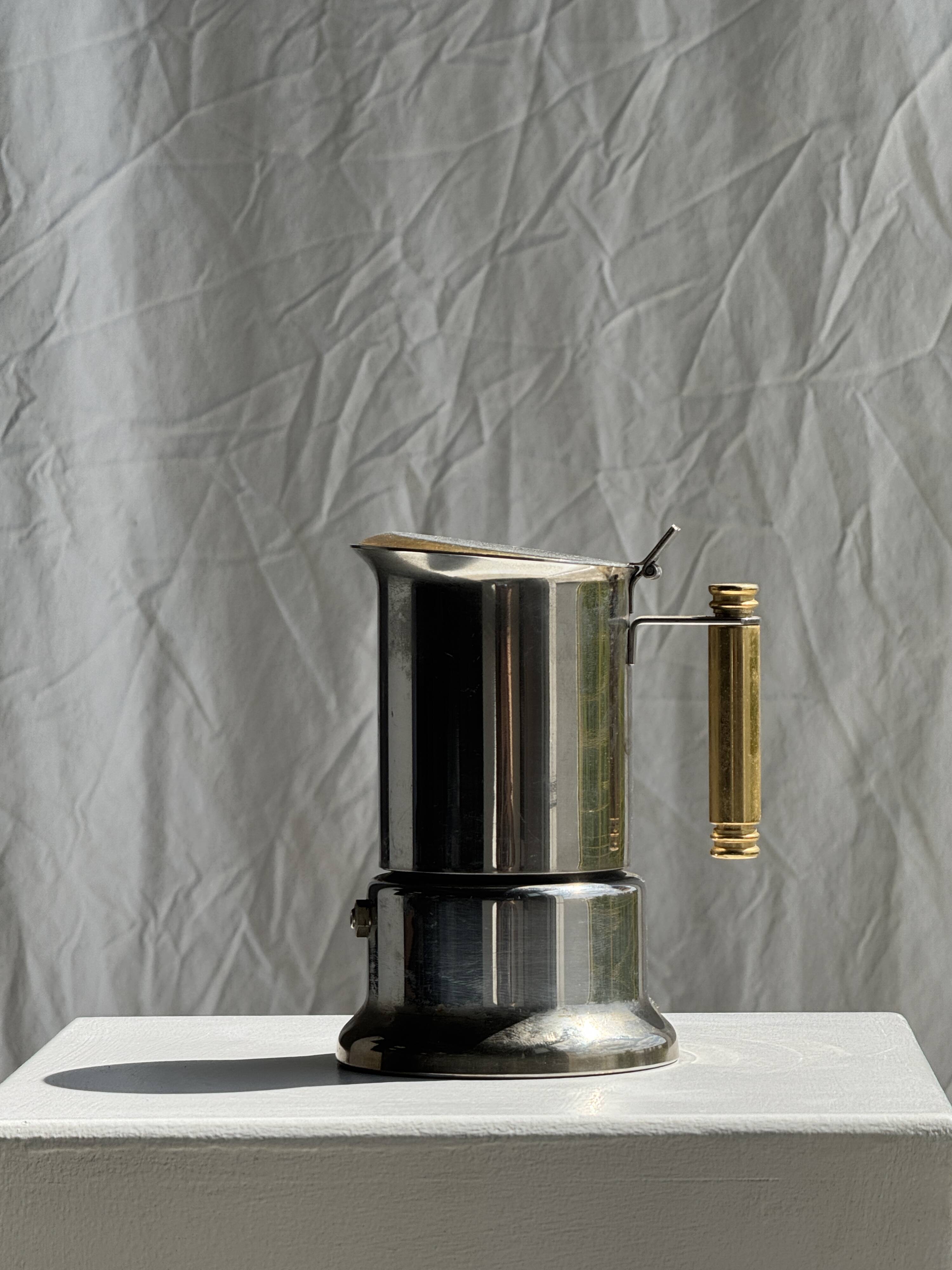 Small silver and gold Italian coffee maker Alpu-F Puppieni in stainless steel