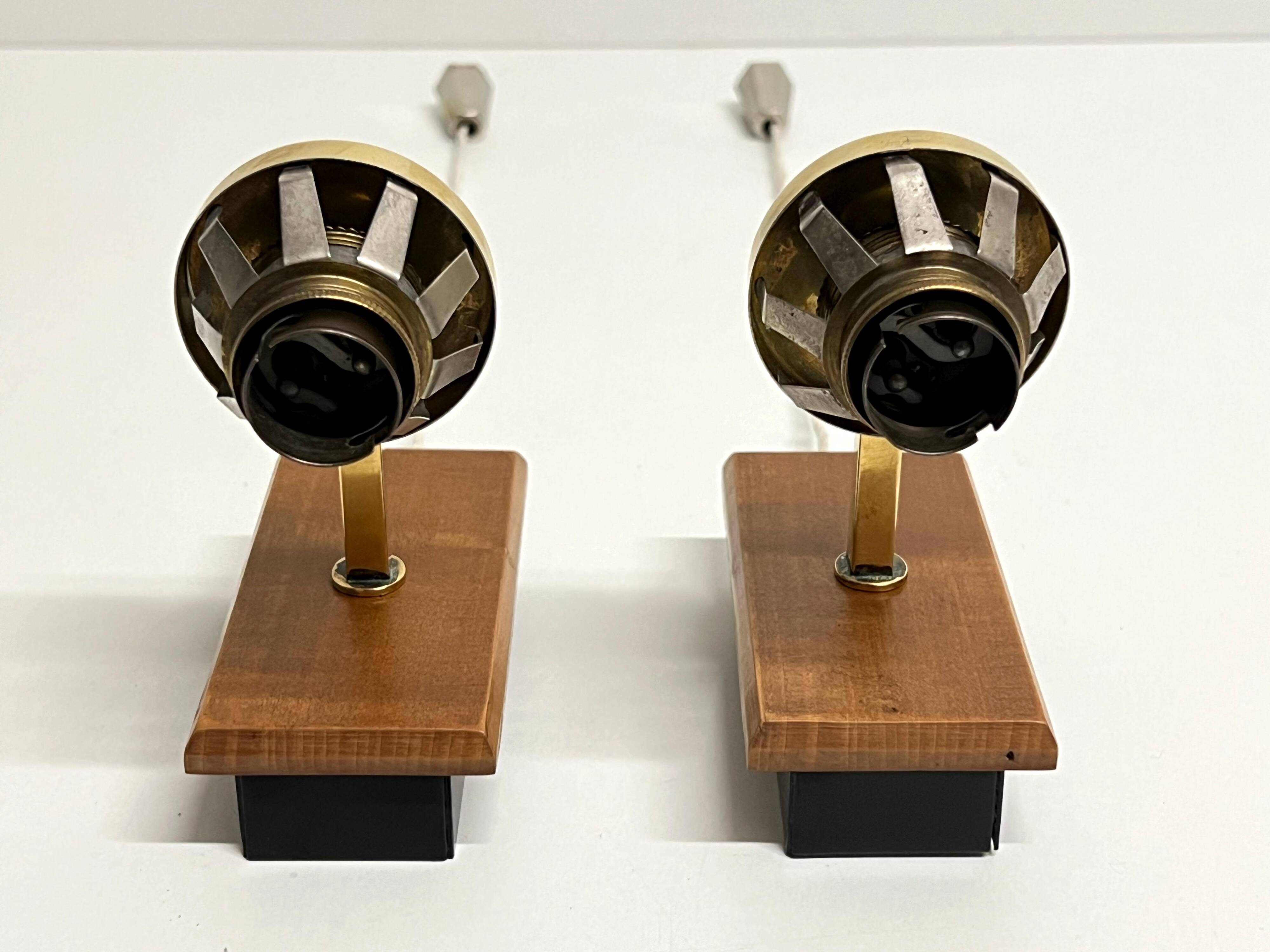 Pair of Scandinavian Wall Lights - Opaline Brass Wood - 50's 60's