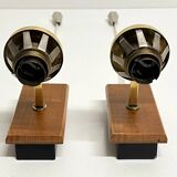 Pair of Scandinavian Wall Lights - Opaline Brass Wood - 50's 60's