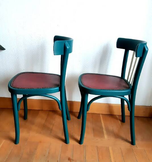 Pair of vintage emerald green bistro wooden chairs