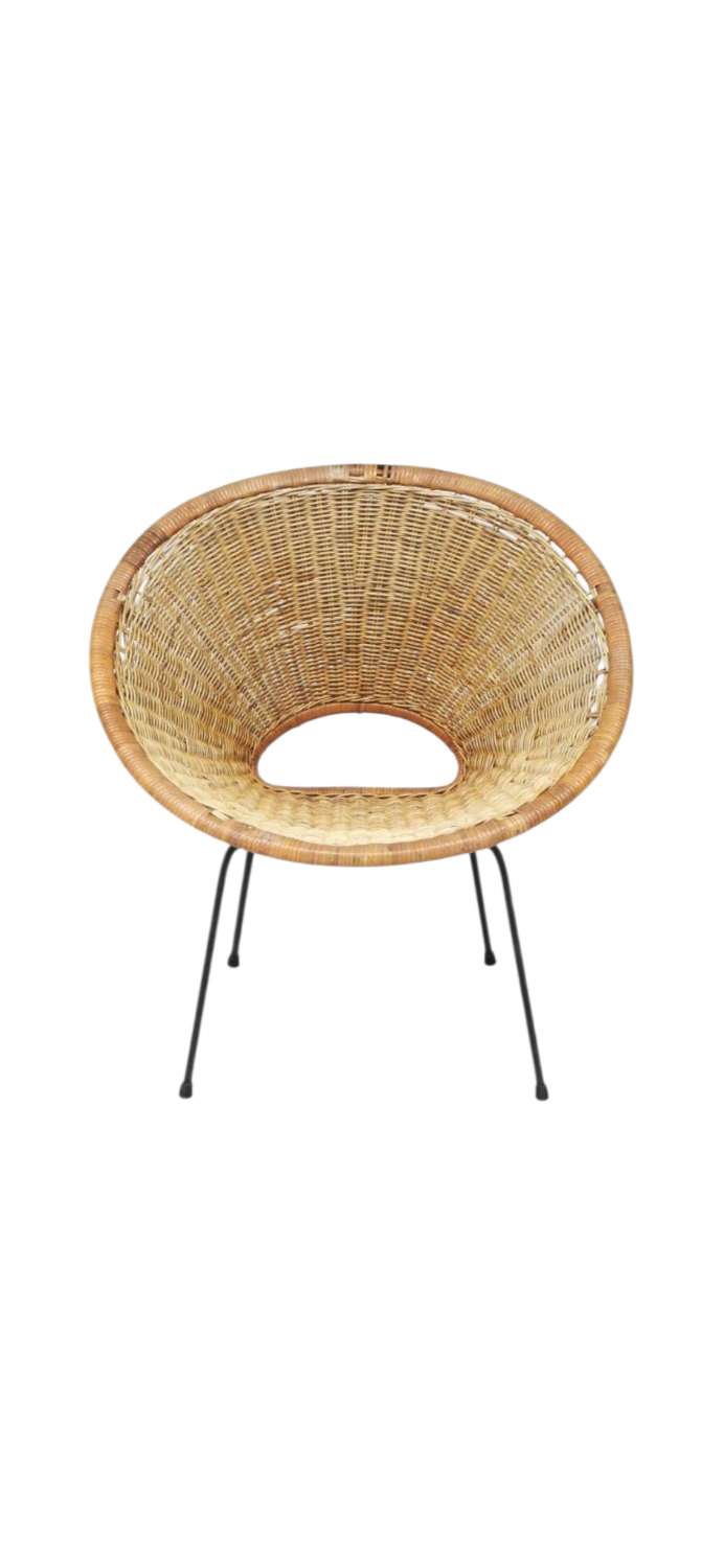 Vintage basket chair in wicker and black metal, 1960s