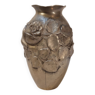 Art pewter vase with floral decoration signed L. Houzeaux - Art Déco