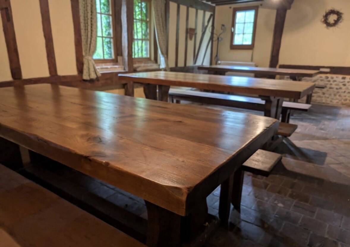 Set of 3 monastery tables in solid oak 220 cm with 6 matching benches.