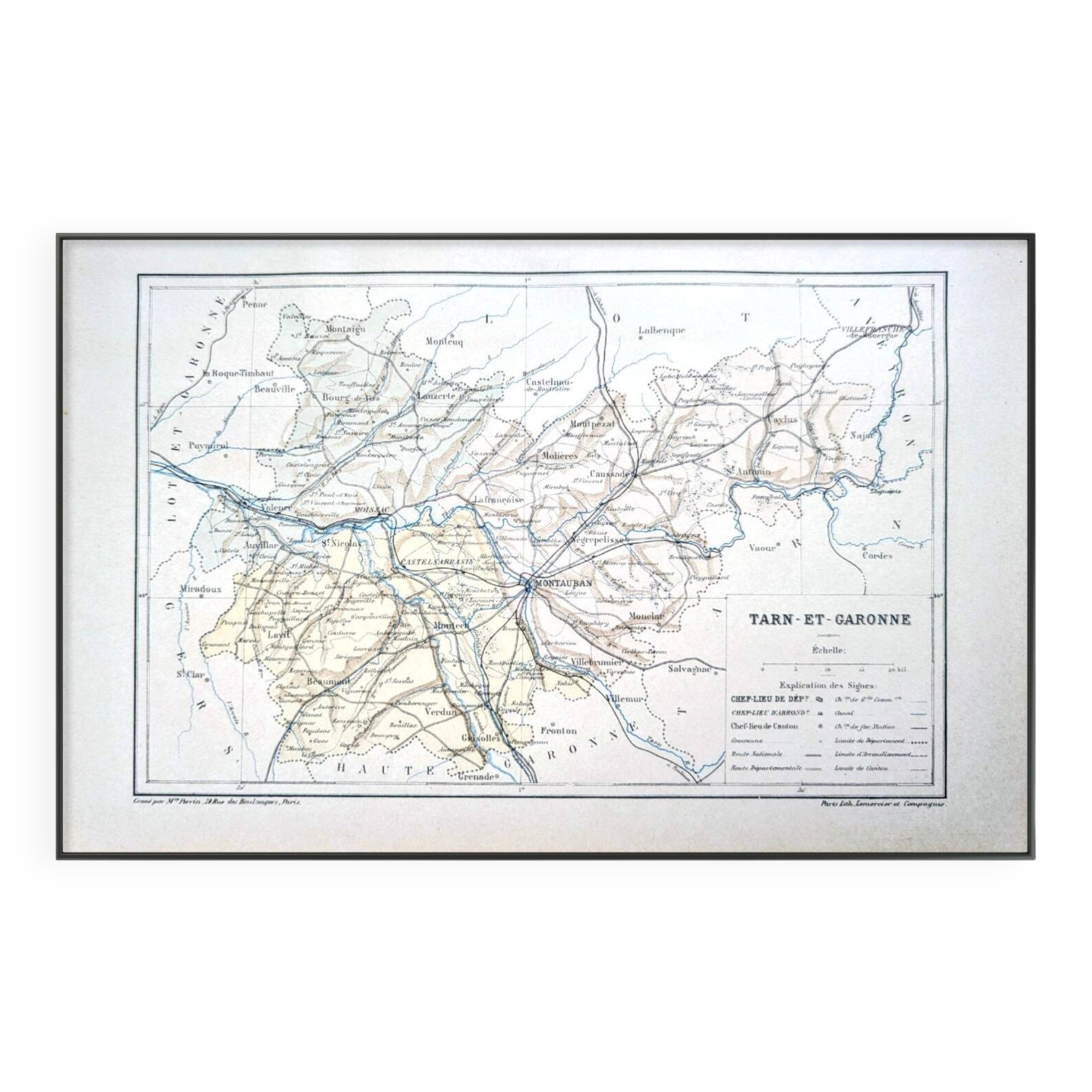 Printed in 1889, Tarn-et-Garonne, old map.
