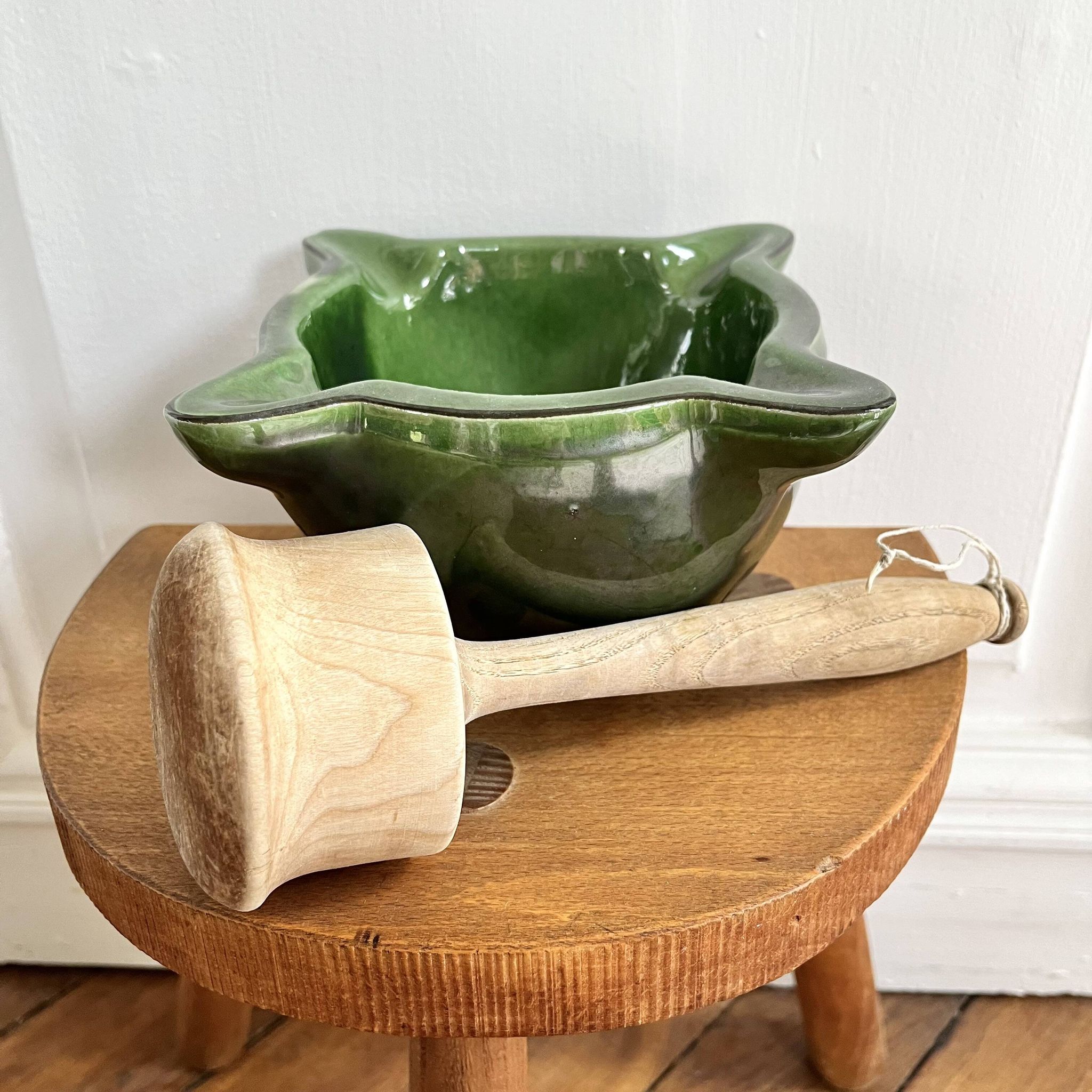 Ceramic mortar and wooden pestle